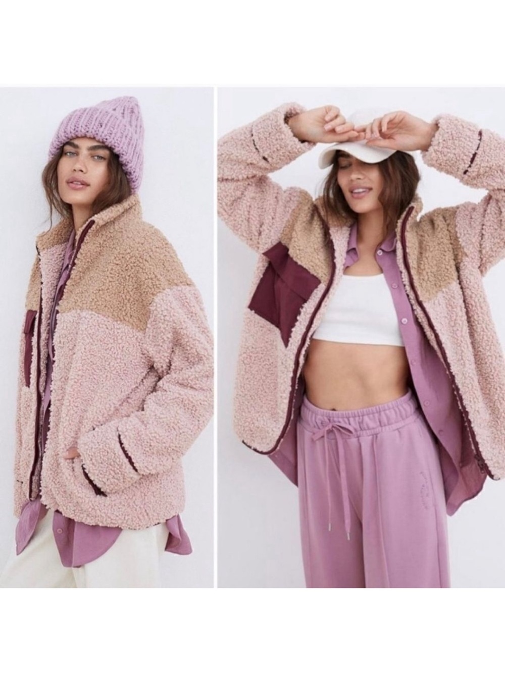 For Love & Lemons Sherpa Fleece‎ Zipper Jacket Women's Small Pink Tan Colorblock